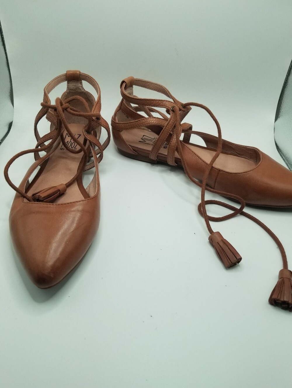 Miz Mooz Brown Leather Lace-Up Pointed Toe Flats - Picture 5 of 13